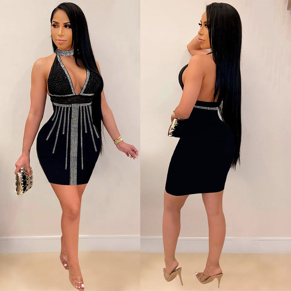 VK2321 European and American sexy, hot diamond sleeveless neck hanging perspective slim dress nightclub
