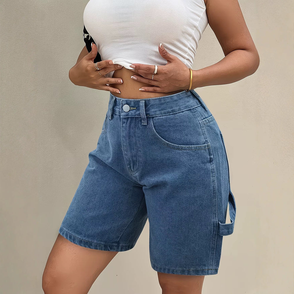 European and american street style workwear denim half length pants women's washed blue loosestraight-leg mid-pants casualeasiest for match wide-leg denim