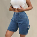 European and american street style workwear denim half length pants women's washed blue loosestraight-leg mid-pants casualeasiest for match wide-leg denim