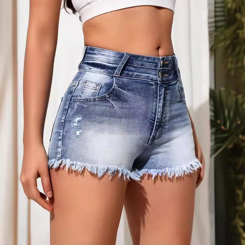 Fashionhigh waist women's denim shorts new arrival raw edge trousers shorts elegantwork clothing waist jeans