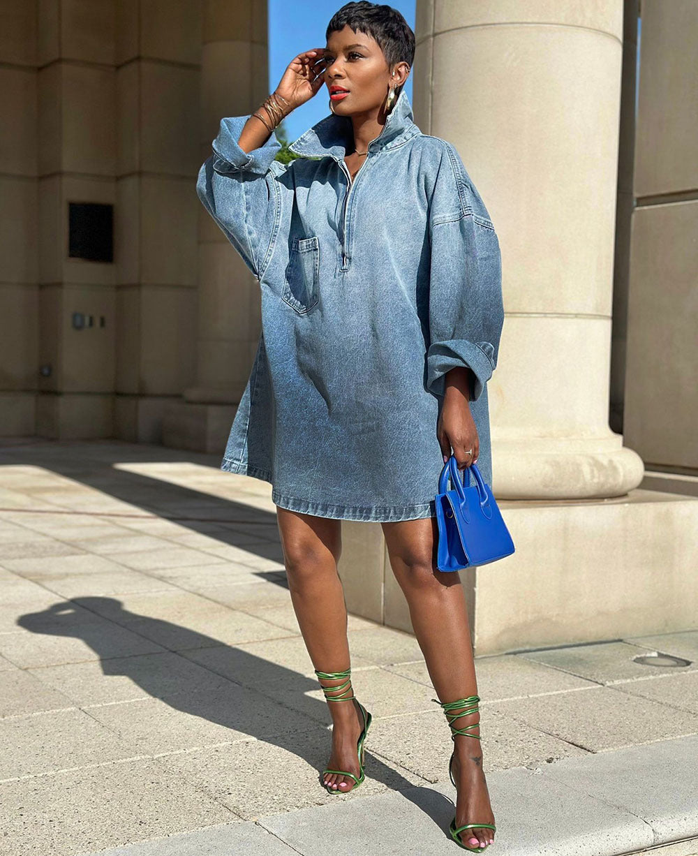 European and american style women's dress -   spring/summer cross-border fashion - trendy lapel loose fit denim skirt