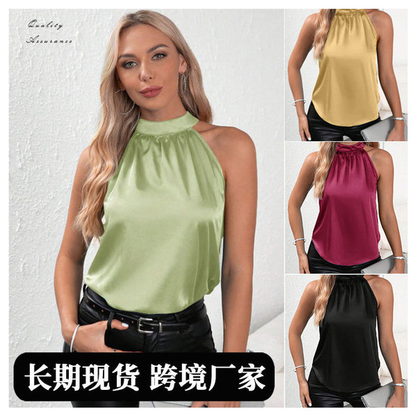 2025 European and American   summer new satin vest women's solid color off-the-shoulder neck sleeveless top