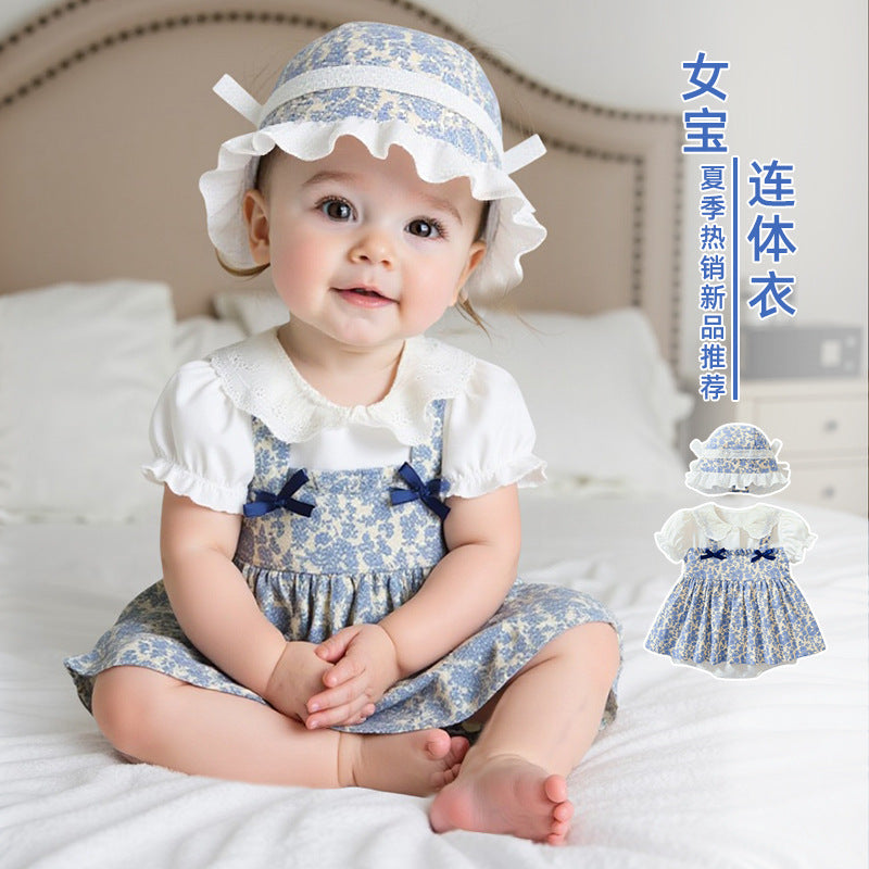 Baby skirt printing short-sleeved suspender skirt lace lapel summergirl bag butt dress princess style floral