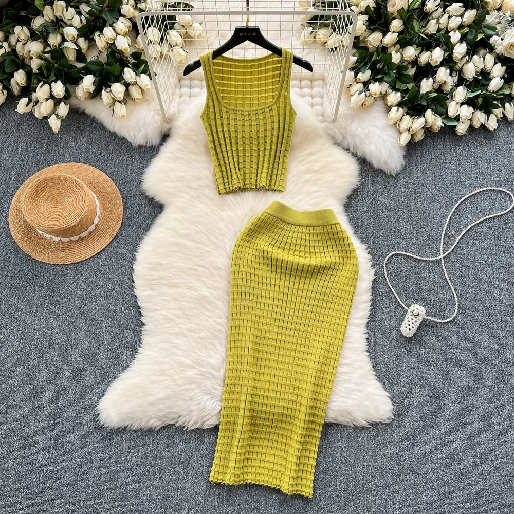 Hong kong style retro hot girl outfit - women's summer cropped tank top & high-waisted midi skirt knit two-piece set