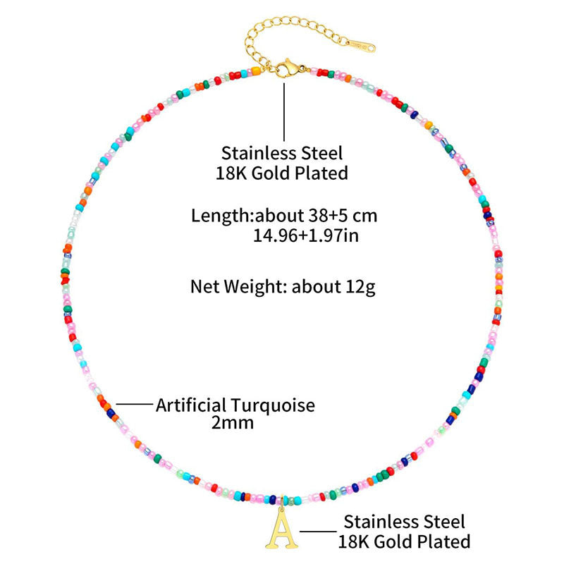 European and american cross-border colorful beaded initial necklace, 18k gold plated choker, bohemian stainless steel necklace