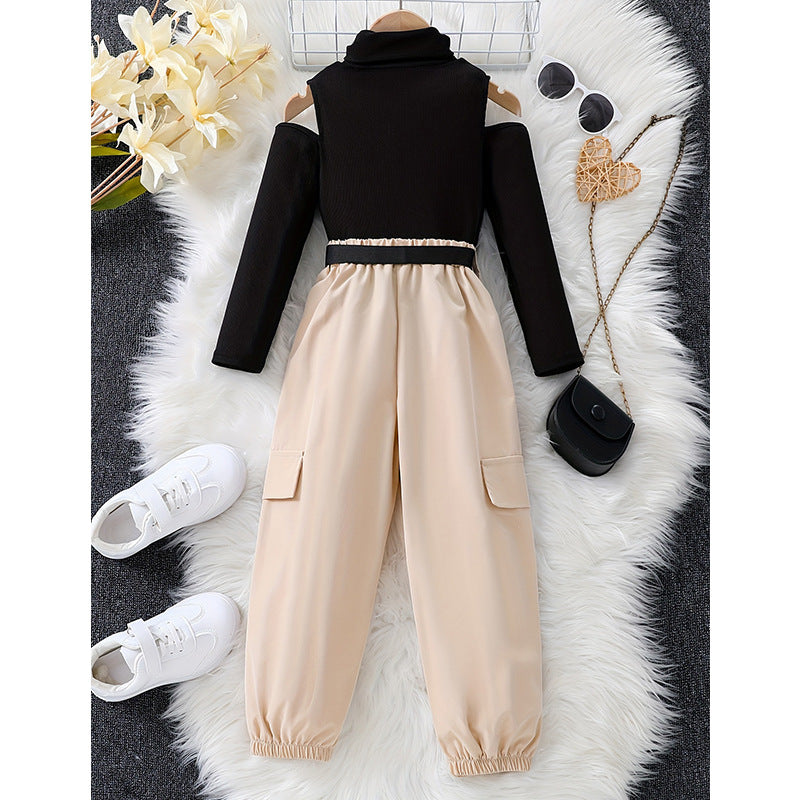 autumgirl handsome workwear pants two-piece set off-shoulder knittingtops belt casual jogger pants harem pants