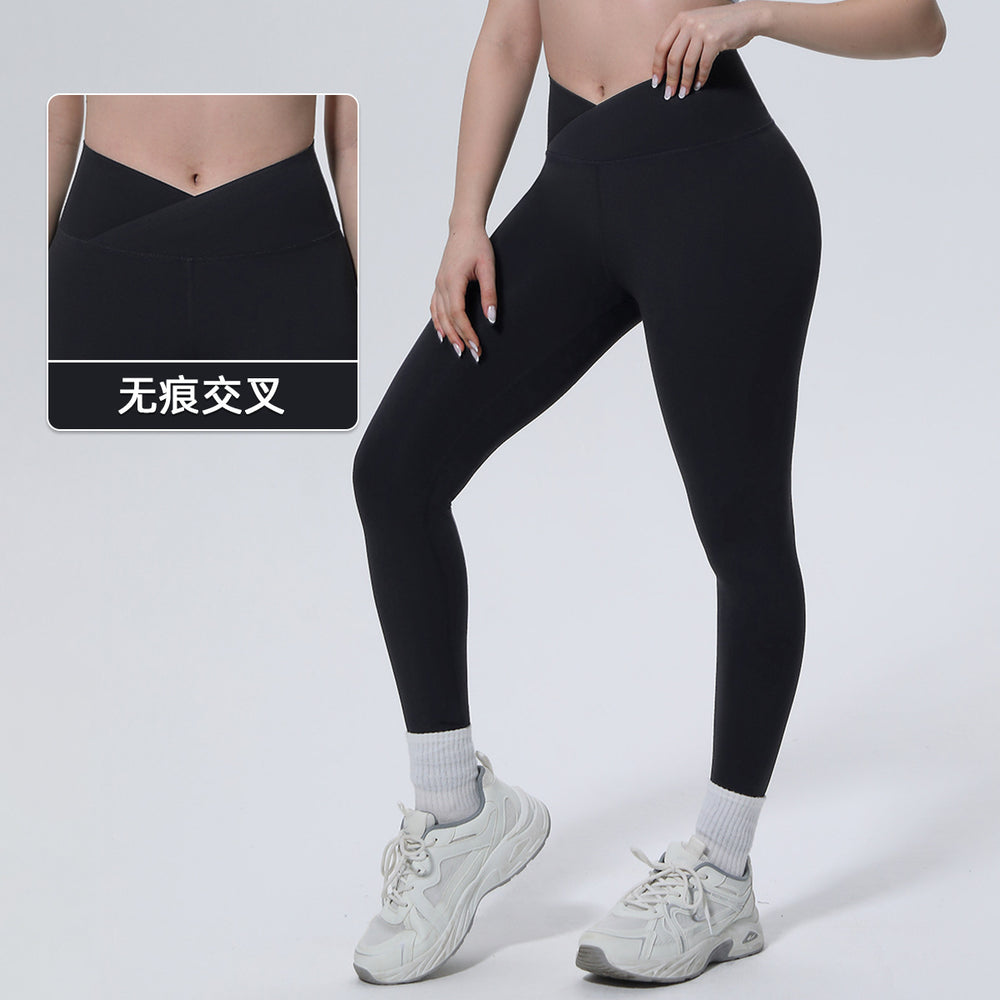 New arrival cross-border fashionpure color double-sided nylon seamless cross-waist tight yoga pants sports running fitness yoga