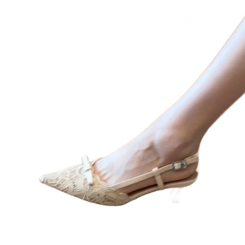 French pointed-toe lace bow heeled sandals - women's stiletto closed-toe slingbacks - elegant style - new 2026 collection