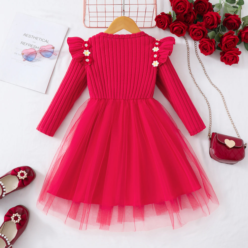Girls' ribbed knit dress with mesh floral appliqué