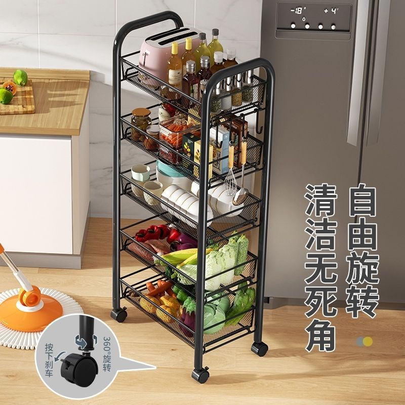 Movable kitchen storage rack drop-down floor for home multi-layer carbon steel storage rack trolley vegetable rack wholesale