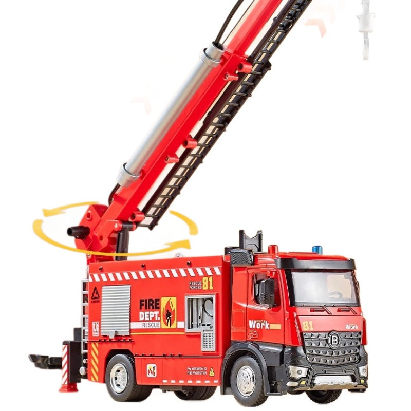 Boys' alloy large ladder fire truck crane with water spray function - realistic firefighter car model toy