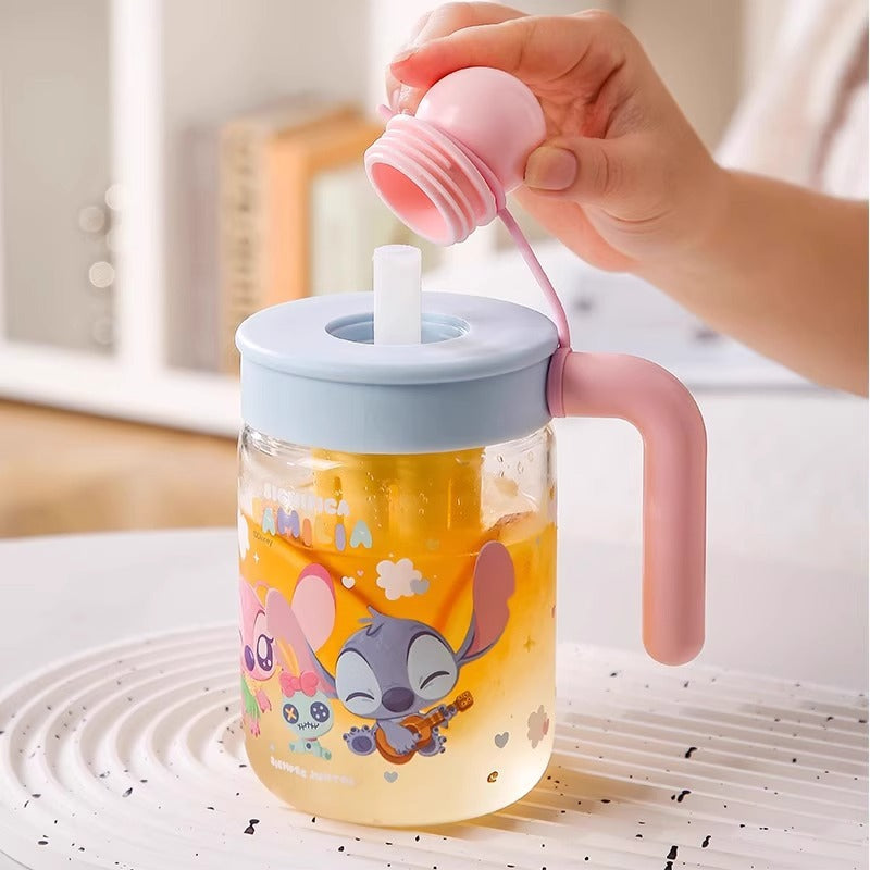 Stitch Glass Girls Large Capacity Cold Drink Fruit Teacup Stitch Drinking Tea Cup Independent Tea Warehouse with Straw