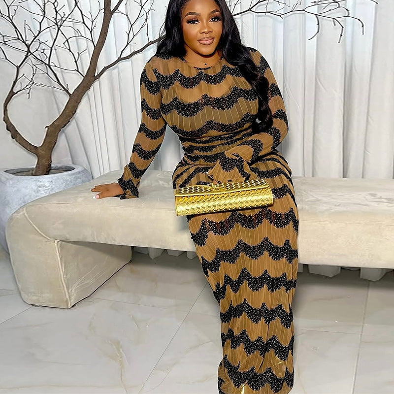 European and american cross-border african women's clothing  summer new arrival: elegant round neck printed long sleeve bodycon dress