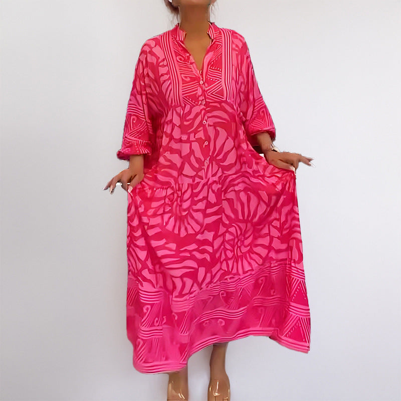 cross-border e-commerce women's fashion: european and american summer new arrivals - stylish v-neck printed loose plus size maxi dress