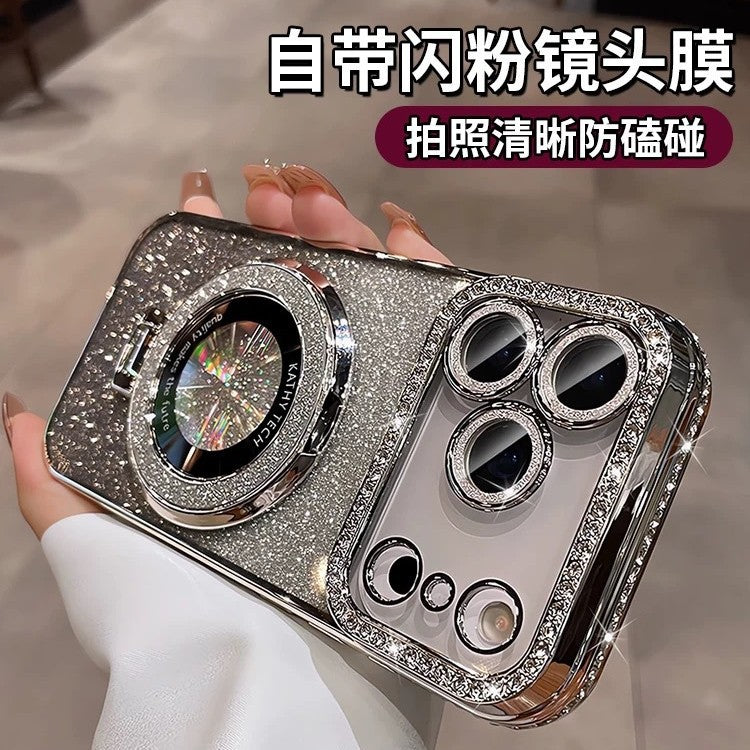 Magnetic stand suitable for iphone17 gradient glitter mobile phone case 16pro electroplated rhinestone 13 protective cover with diamonds