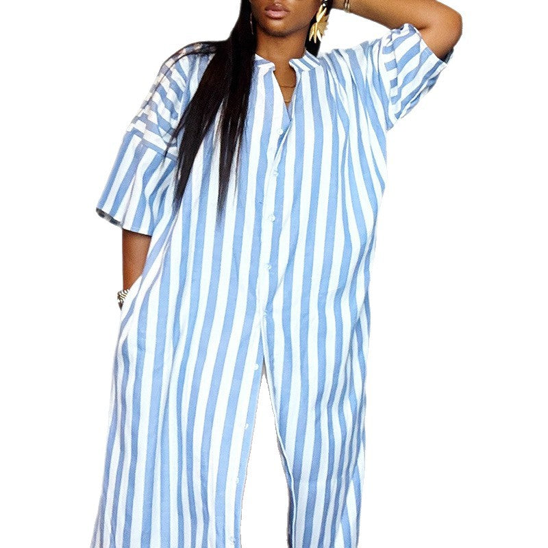 European and american cross-border african women's fashion:  autumn/winter new collection - stylish blue striped loose-fit button-down shirt dress