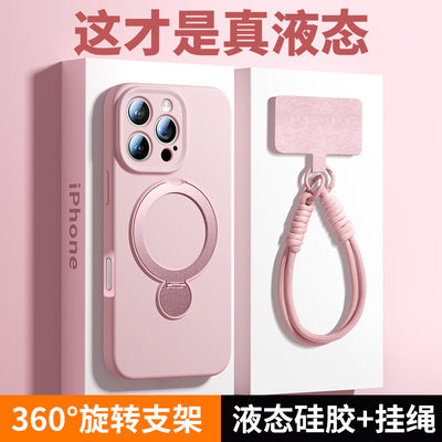 Rotating magnetic lanyard stand compatible with apple iphone 17 pure color liquid silicone case, iphone 15 pro max full coverage