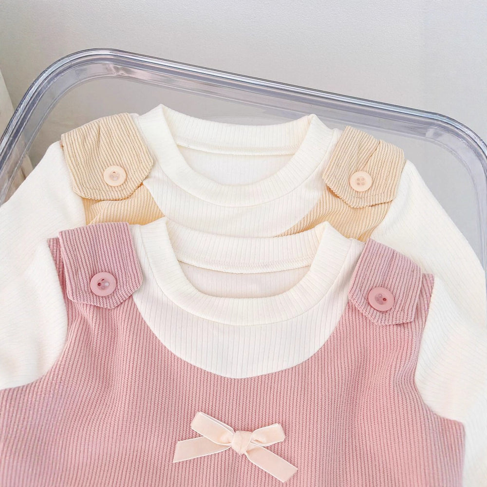 Baby girl autumn chic bowknot tank top faux two-piece dress,  new korean style lace trim dress for girls
