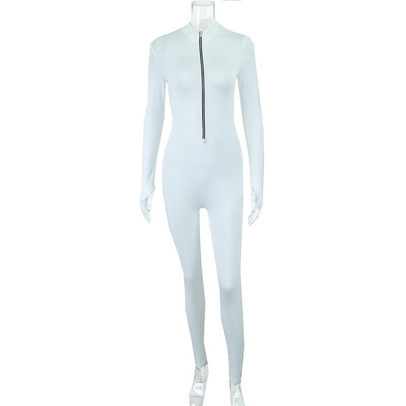 European and american style casual zip-up stand collar jumpsuit solid color high-stretch slim fit long sleeve one-piece export bodysuit women's trendy