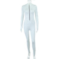 European and american style casual zip-up stand collar jumpsuit solid color high-stretch slim fit long sleeve one-piece export bodysuit women's trendy