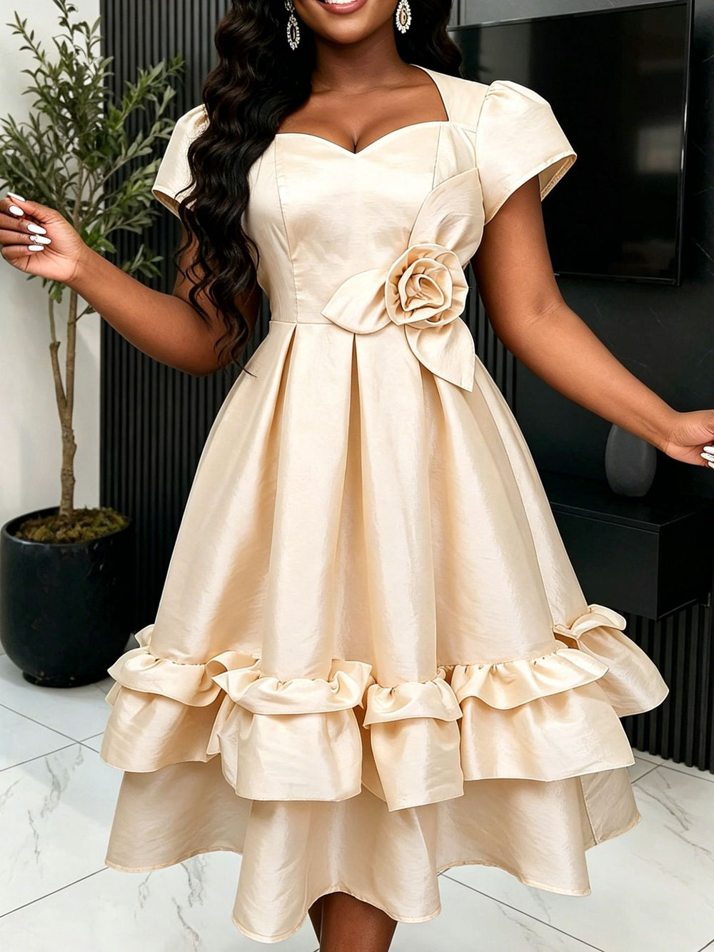 Summer fashion puffy waist a-line skirt, 3d floral ball gown, wedding bridesmaid elegant midi dress