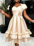 Summer fashion puffy waist a-line skirt, 3d floral ball gown, wedding bridesmaid elegant midi dress