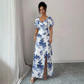 european and american cross-border summer v-neck floral print elegant maxi dress