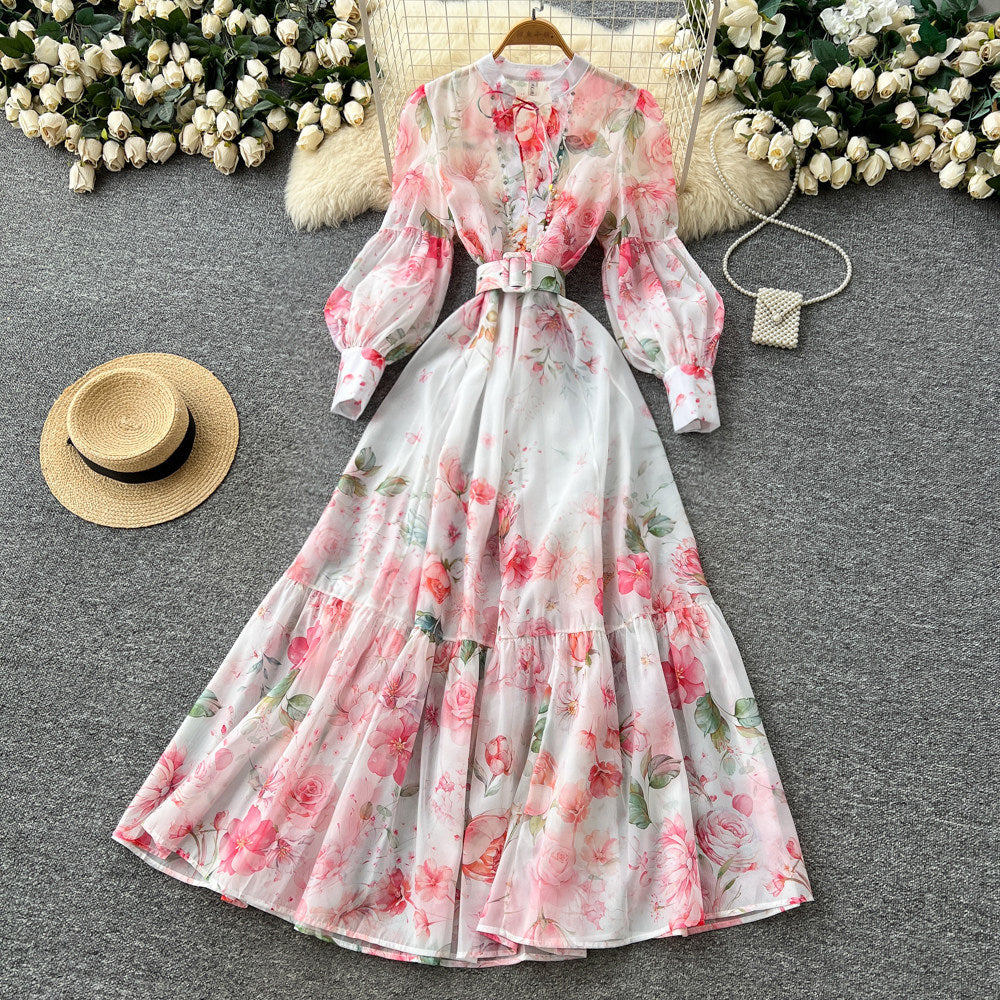 Korean style floral rhinestone embellished tie-up dress - women's spring long sleeve high waist a-line maxi dress - elegant commute