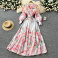 Korean style floral rhinestone embellished tie-up dress - women's spring long sleeve high waist a-line maxi dress - elegant commute