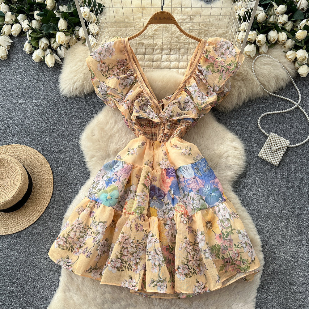 K-style floral sleeveless waistless dress women's summerrufflesv neckhigh waist a-line skirt work clothing pink skirt