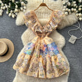 K-style floral sleeveless waistless dress women's summerrufflesv neckhigh waist a-line skirt work clothing pink skirt