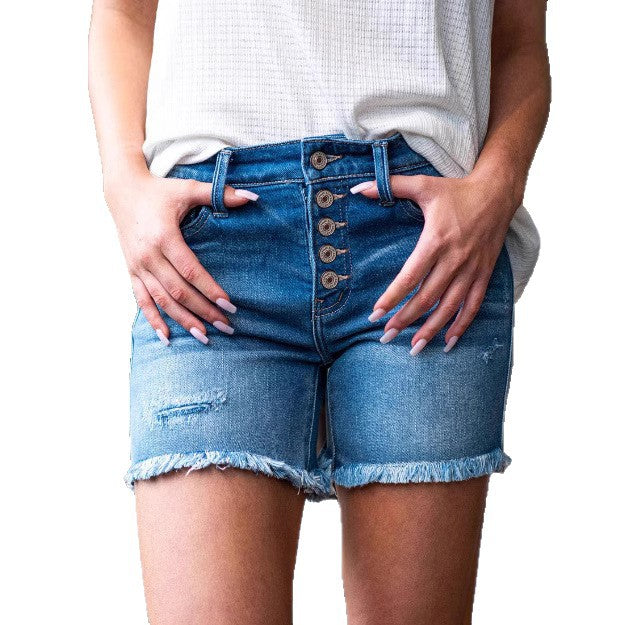 Women's denim shorts for export,  new collection: cross-border elastic, multi-button, straight-leg shorts with whiskering and distressed details
