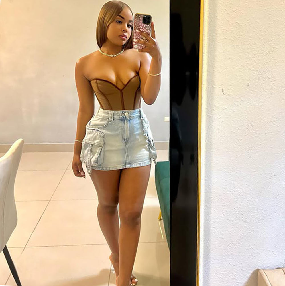 European and american style denim mini skirt -  cross-border e-commerce women's fashion sexy hot girl multi-pocket bodycon skirt