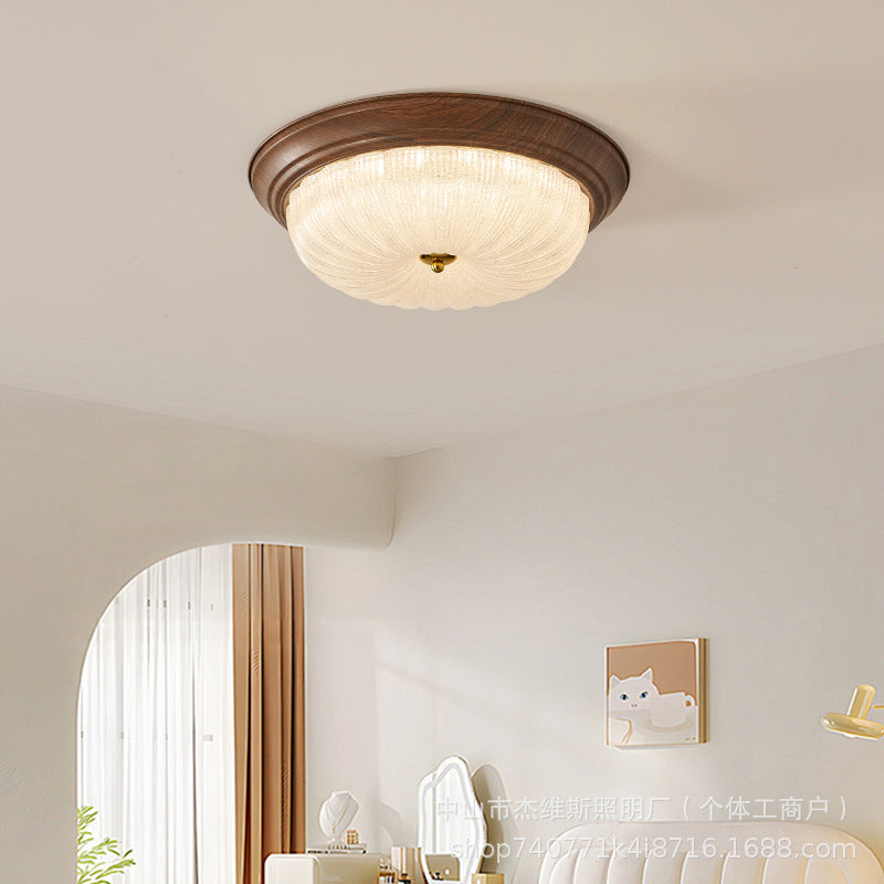Medieval walnut round ceiling lamp with ice crackle glass soft light bedroom master bedroom secondary bedroom balcony corridor