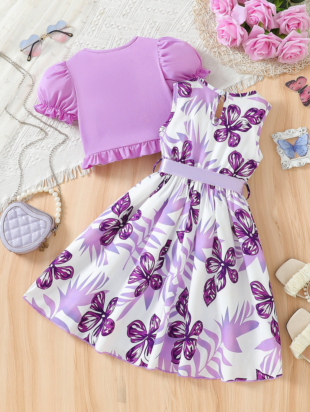 Girls' foreign trade dress set: purple open-front jacket with floral pattern and bow belt - two-piece outfit for children