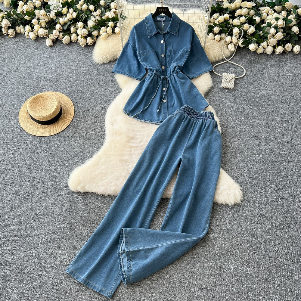 Retro hot girl style denim suit women's summer drawstring polo collar shirt tops elastic waist wide leg silm pants
