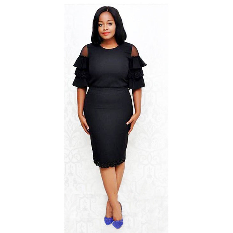 supply silm hip-covering round neck knitting lotus leaf bell mid-sleeve dress beading heavy industry big sale