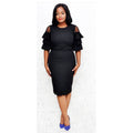 supply silm hip-covering round neck knitting lotus leaf bell mid-sleeve dress beading heavy industry big sale