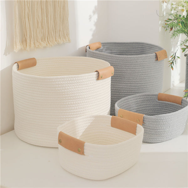 Dirty clothes basket cotton rope woven leather handle storage basket clothing household laundry basket cosmetics sundries sorting storage frame