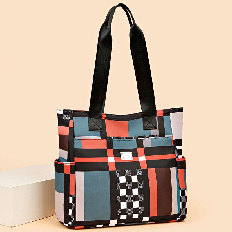 2026 new women's bag large capacity shoulder bag fashionable tote bag color block oxford cloth tote bag mom bag