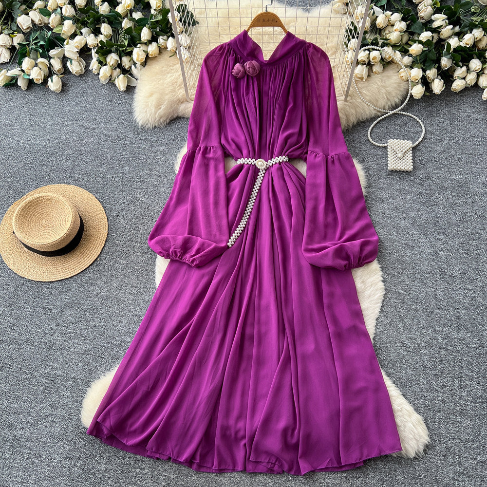 French heavy industry lantern sleeve silm dress for women k-style purple tie back waist a-line long skirt work clothingelegant