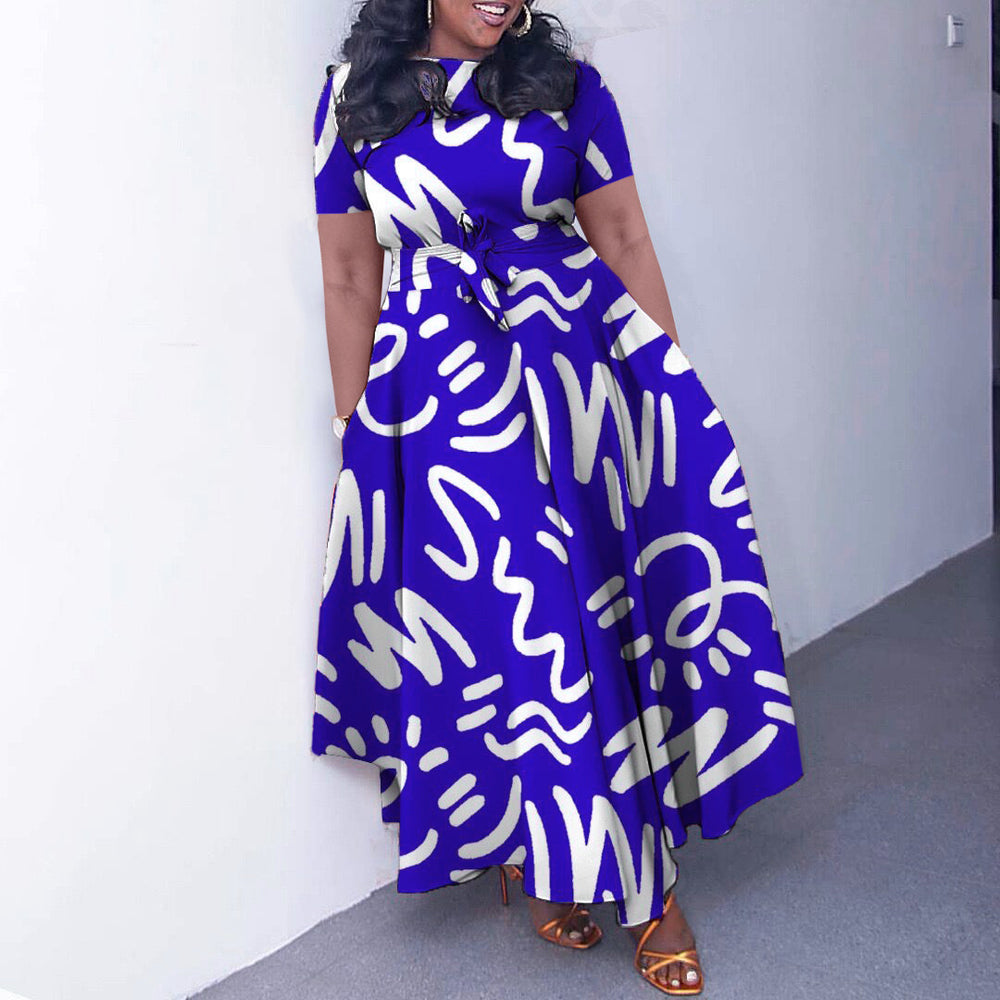 Q127 cross-border  africa new fashion round neck printed short sleeve high waist flared elegant export dress