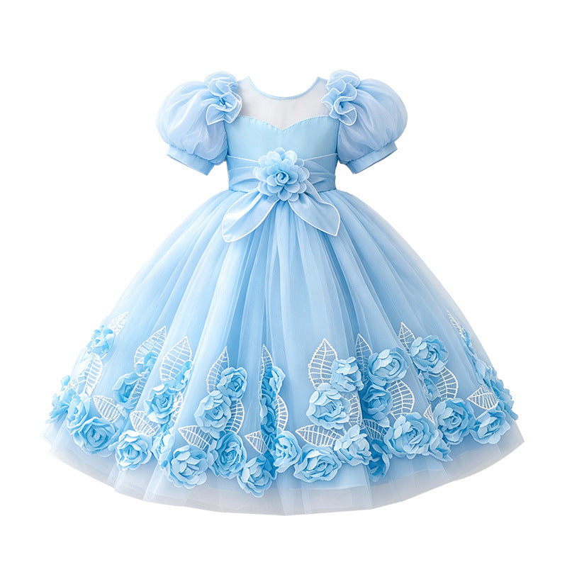 Girls' formal dress - long, puff sleeve, flower girl wedding dress, tulle, piano recital performance dress - in stock & wholesale