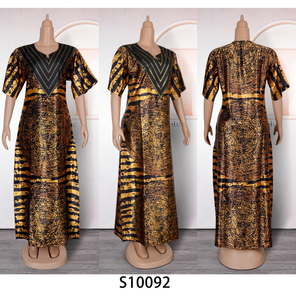 European and american african women's printed loose robe plus size long dress   rhinestone dress in stock