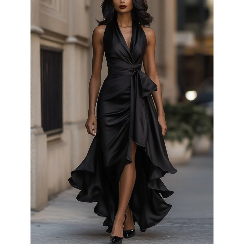 New european and american independent website style: cross-border satin v-neck sleeveless ruched waist ruffle hem elegant dress
