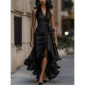 New european and american independent website style: cross-border satin v-neck sleeveless ruched waist ruffle hem elegant dress