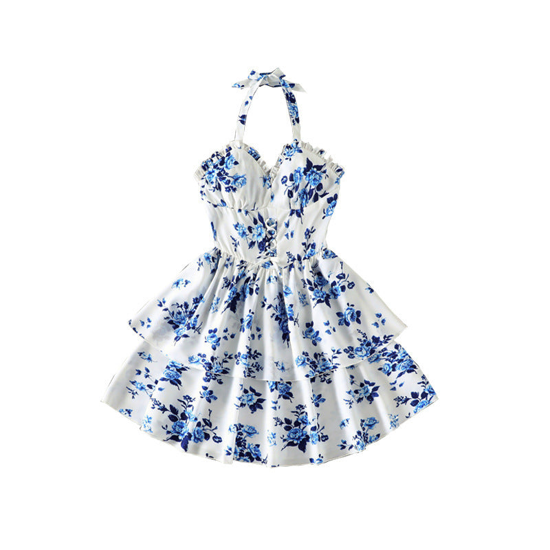 spring/summer new arrival: cross-border export girls' french style vacation dress - elegant floral print camisole v-neck bandeau dress