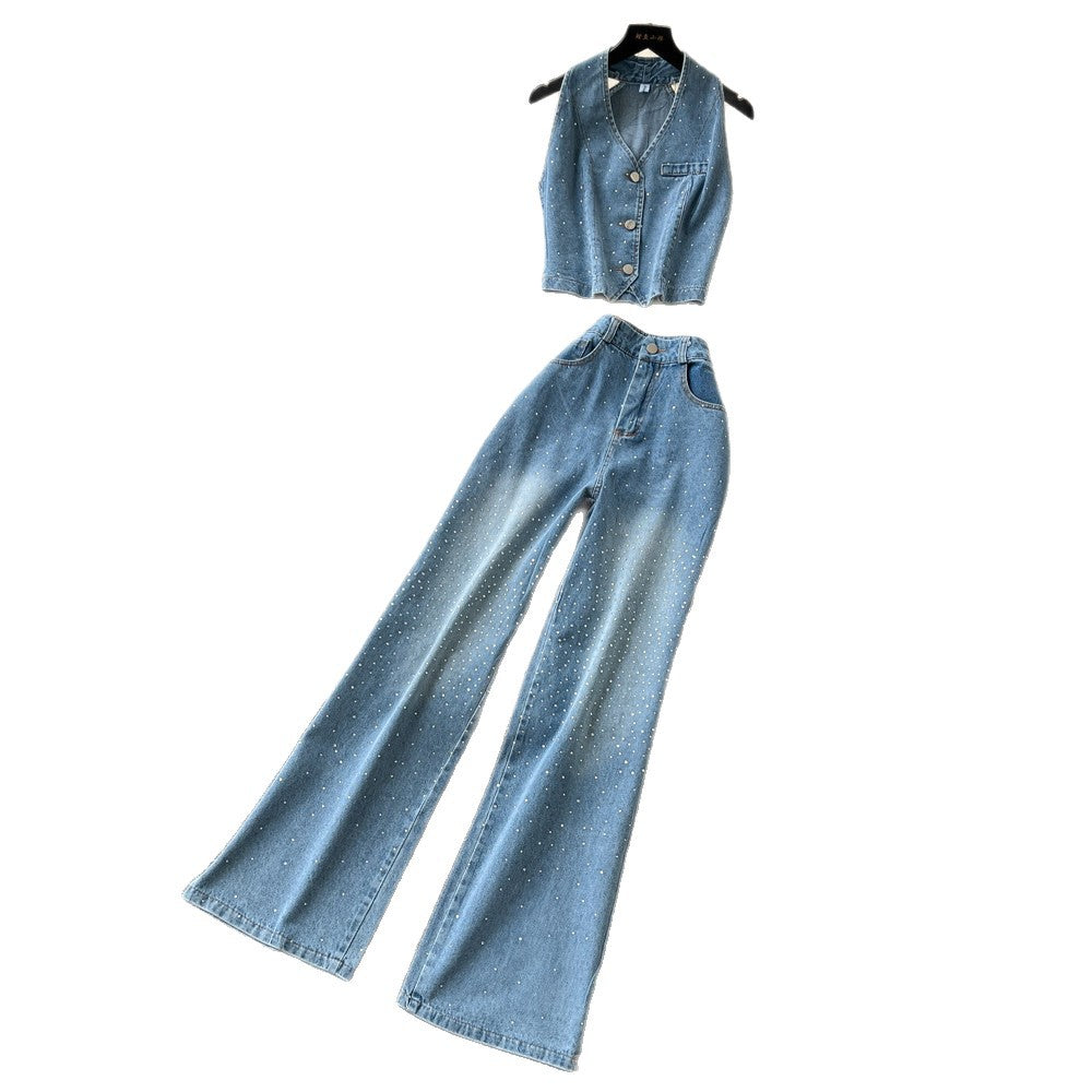 European and american hot girl style sleeveless slim-fit denim set - women's summer halter top and high-waisted slimming two-piece outfit