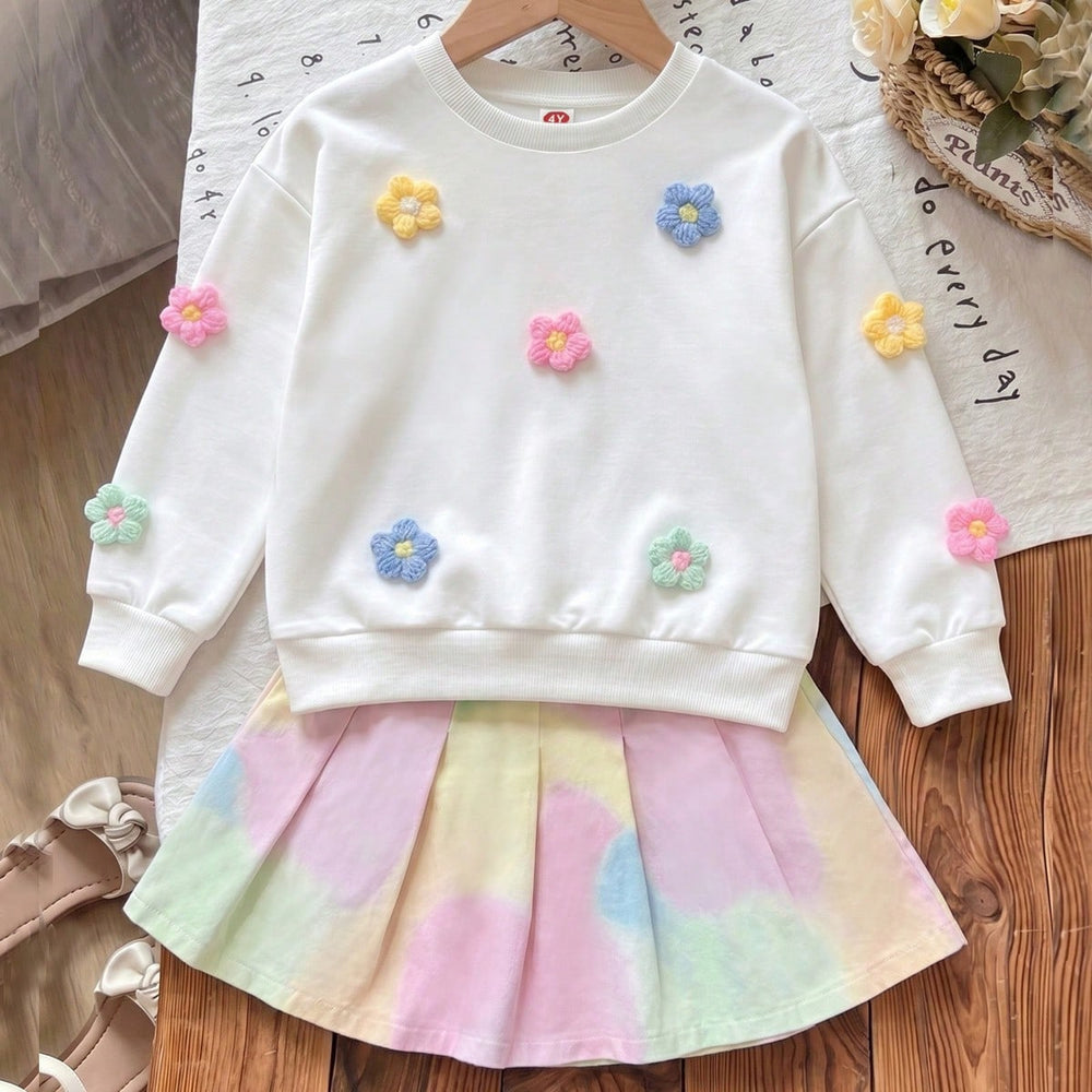 new cross-border girls' round neck 3d floral sweatshirt + iridescent denim skirt two-piece set