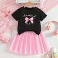 Girls' export skirt set: pink pleated skirt & round neck bow print t-shirt two-piece outfit